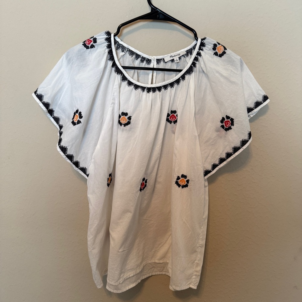 Madewell Womens White Black Floral Embroidered Flutter Sleeve Boho Blouse Small